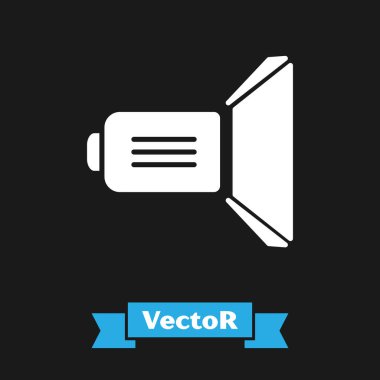 Beyaz Film spot ışığı simgesi siyah arkaplanda izole edildi. Işık efekti. Sahne, Stüdyo, Gösteri. Vektör İllüstrasyonu