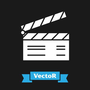 Beyaz Film alkışlayıcı simgesi siyah arkaplanda izole edildi. Film alkışlama tahtası. Alkış tahtası işareti. Sinema yapımı veya medya endüstrisi konsepti. Vektör İllüstrasyonu