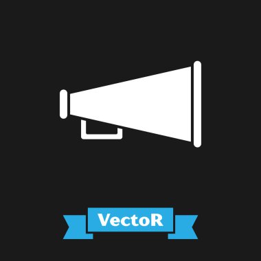 Siyah arkaplanda beyaz megafon simgesi izole edildi. Sözcü işareti. Vektör İllüstrasyonu