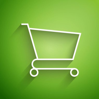 Yeşil arka planda beyaz çizgi alışveriş arabası simgesi izole edildi. İnternetten satın alma konsepti. Servis tabelası. Süpermarket sepeti sembolü. Vektör İllüstrasyonu