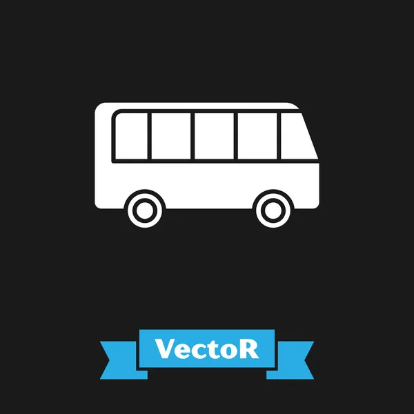 Icono del autobús blanco aislado sobre fondo negro. Concepto de transporte. Autobús señal de transporte turístico. Símbolo turístico o de vehículo público. Ilustración vectorial — Vector de stock
