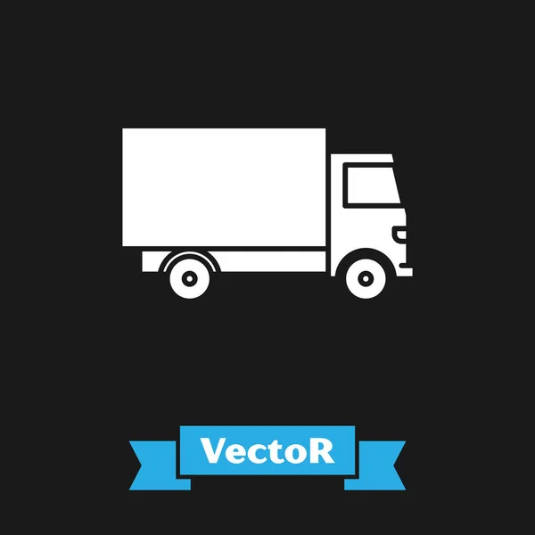 Camión de carga White Delivery icono del vehículo aislado sobre fondo negro. Ilustración vectorial — Vector de stock
