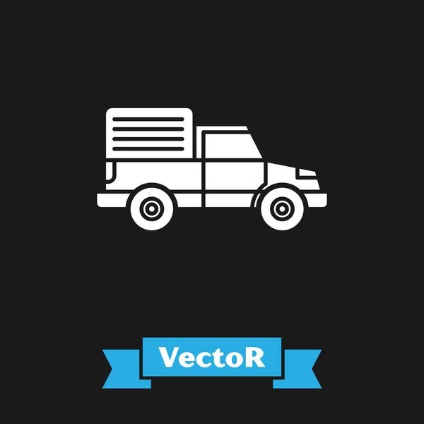 White Delivery cargo camion vehicul pictograma izolat pe fundal negru. Vector Illustration — Vector de stoc