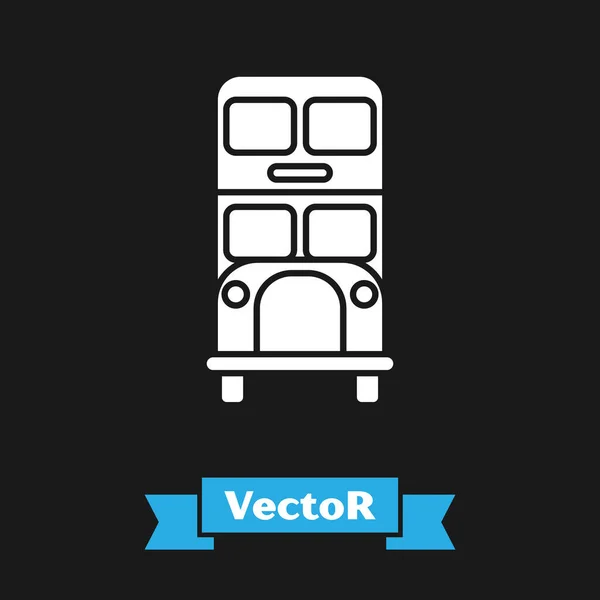 Weißes Doppeldeckerbus-Symbol isoliert auf schwarzem Hintergrund. Londons klassischer Passagierbus. Symbol für den öffentlichen Nahverkehr. Vektorillustration — Stockvektor