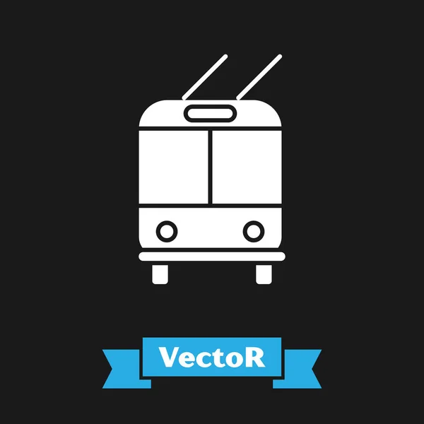 Icono de trolebús blanco aislado sobre fondo negro. Símbolo de transporte público. Ilustración vectorial — Vector de stock