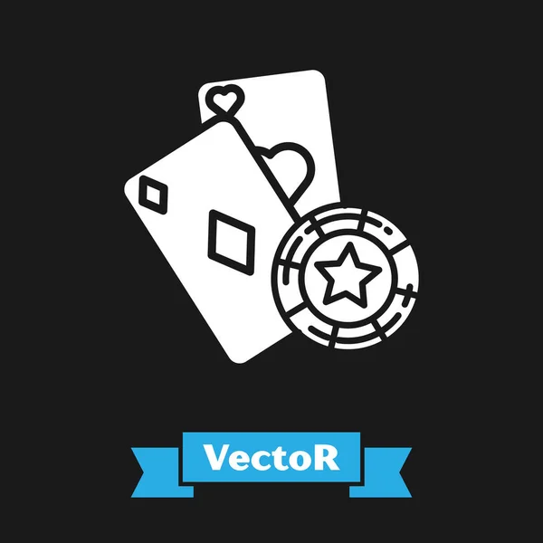 White Casino Chip und Spielkarten Symbol isoliert auf schwarzem Hintergrund. Casino-Poker. Vektorillustration — Stockvektor
