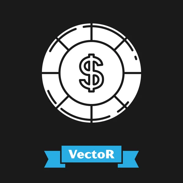 Jeton Casino blanc avec icône symbole dollar isolé sur fond noir. Casino de jeu. Illustration vectorielle — Image vectorielle