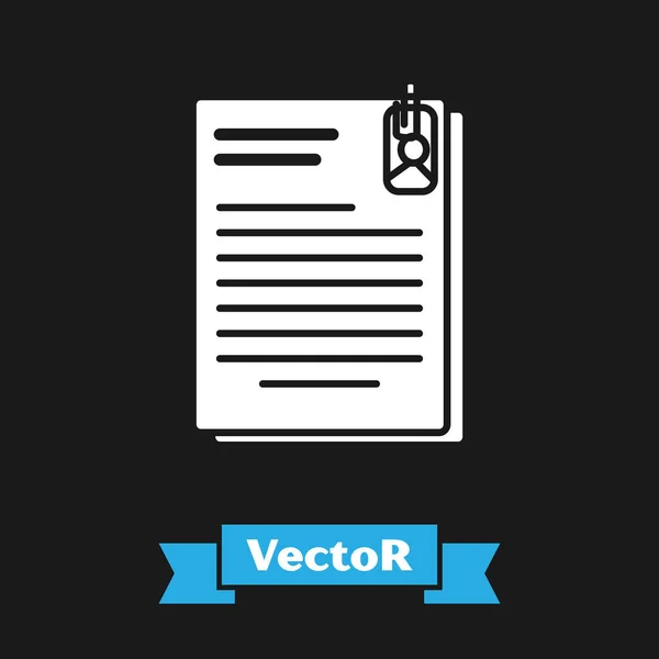 Documento de archivo blanco e icono de clip de papel aislados sobre fondo negro. Icono de lista de verificación. Concepto de negocio. Ilustración vectorial — Vector de stock