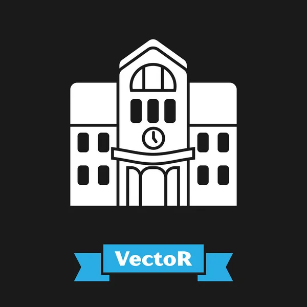 Icono del edificio de la escuela blanca aislado sobre fondo negro. Ilustración vectorial — Vector de stock