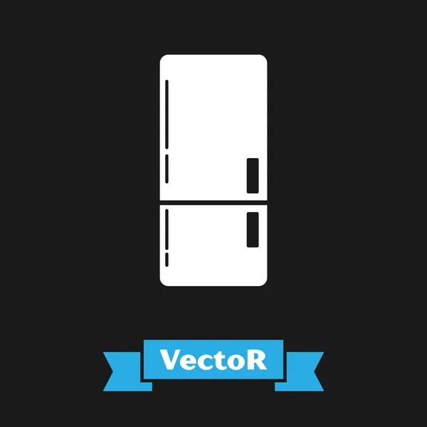 Weißes Kühlschranksymbol isoliert auf schwarzem Hintergrund. Kühlschrank mit Gefrierfach Kühlschrank. Haushaltstechnologie und Haushaltsgeräte. Vektorillustration — Stockvektor