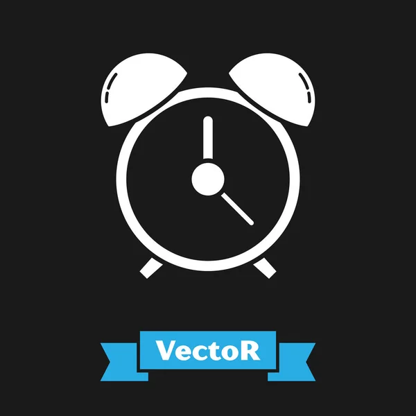 Icono de despertador blanco aislado sobre fondo negro. Despierta, levántate concepto. Señal de tiempo. Ilustración vectorial — Vector de stock