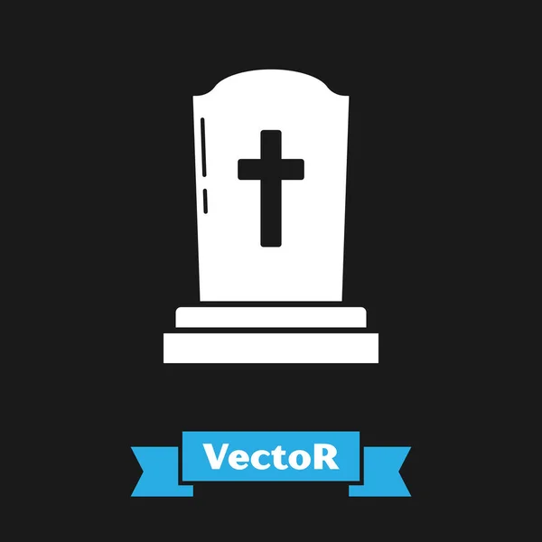Weißer Grabstein mit Kreuzsymbol auf schwarzem Hintergrund. Grab-Symbol. Vektorillustration — Stockvektor
