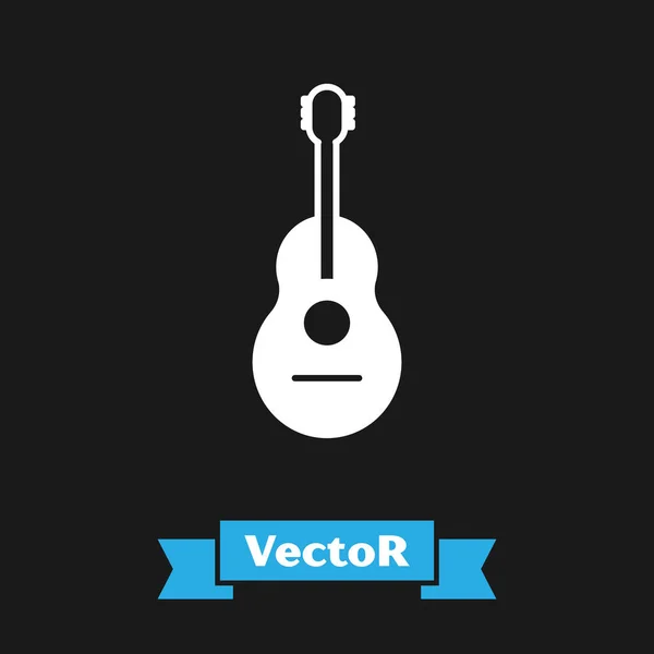 Icono de guitarra blanca aislado sobre fondo negro. Guitarra acústica. Instrumento musical de cuerda. Ilustración vectorial — Vector de stock