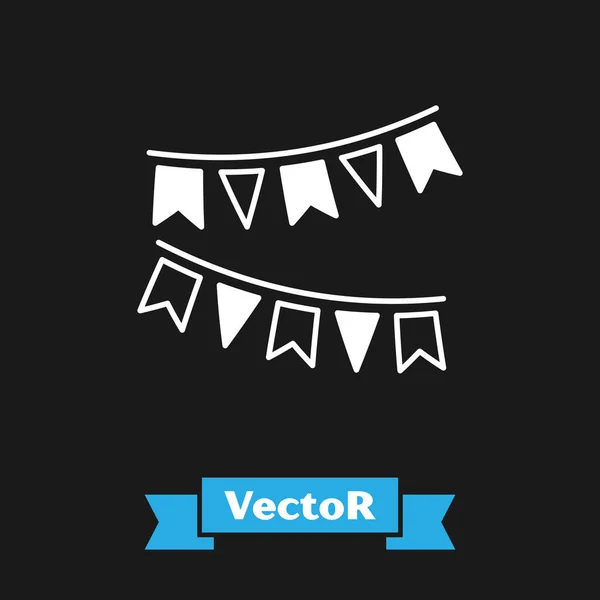 Guirnalda de carnaval blanco con banderas icono aislado sobre fondo negro. Banderines de fiesta para la celebración del cumpleaños, el festival y la decoración justa. Ilustración vectorial — Vector de stock