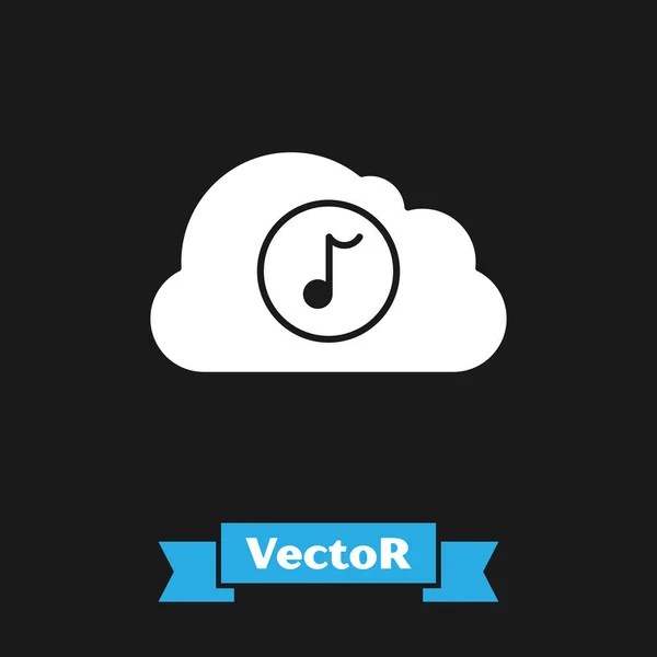 Icono de servicio de streaming de música blanca aislado sobre fondo negro. Computación en la nube de sonido, transmisión de medios en línea, canción en línea, onda de audio. Ilustración vectorial — Vector de stock