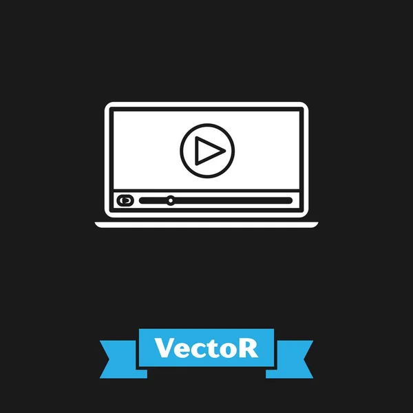 Blanco Online reproducir icono de vídeo aislado sobre fondo negro. Portátil y tira de película con señal de juego. Ilustración vectorial — Vector de stock