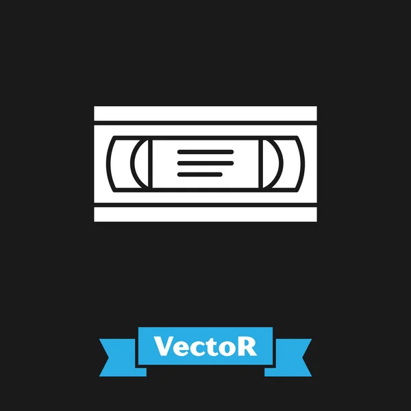 Weißes VHS-Videokassettensymbol isoliert auf schwarzem Hintergrund. Vektorillustration — Stockvektor