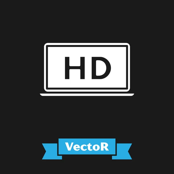 Pantalla portátil blanca con icono de tecnología de vídeo de alta definición aislado sobre fondo negro. Ilustración vectorial — Vector de stock