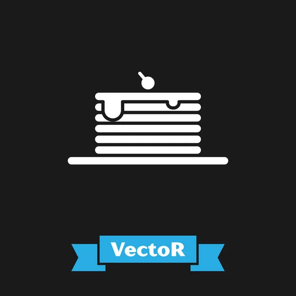 Weißer Stapel von Pfannkuchen, isoliert auf schwarzem Hintergrund. Backen mit Sirup und Kirsche. Frühstück. Vektorillustration — Stockvektor