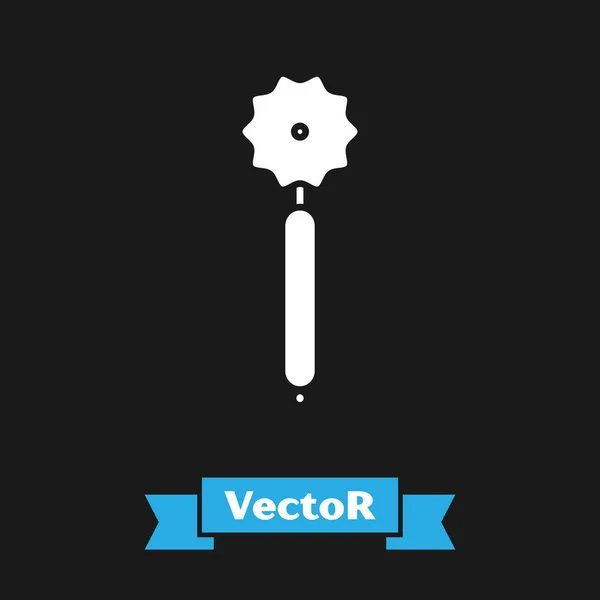 Weißes Pizzamesser-Symbol isoliert auf schwarzem Hintergrund. Pizzabäcker vorhanden. Küchengeräte aus Stahl. Vektorillustration — Stockvektor