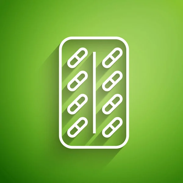 Linha branca Comprimidos em blister pack ícone isolado no fundo verde. Pacote de drogas médicas para a vitamina tablet, antibiótico, aspirina. Ilustração vetorial —  Vetores de Stock