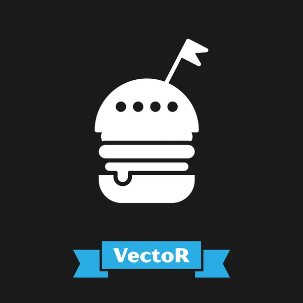 Icono de hamburguesa blanca aislado sobre fondo negro. Icono de hamburguesa. Signo de sándwich de hamburguesa con queso. Menú de comida rápida. Ilustración vectorial — Vector de stock