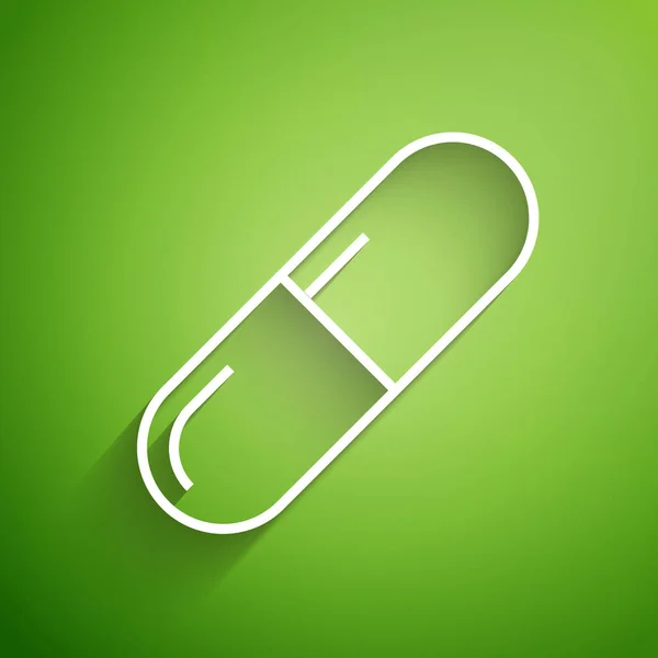 Linha branca Medicina pílula ou tablet ícone isolado no fundo verde. Comprimido de cápsula e sinal de droga. Design de farmácia. Ilustração vetorial —  Vetores de Stock