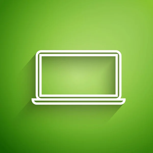 Línea blanca Icono del ordenador portátil aislado sobre fondo verde. Computadora portátil con pantalla vacía. Ilustración vectorial — Archivo Imágenes Vectoriales