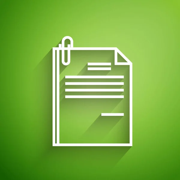 Bílá čára Dokument a ikona sponky na papír izolované na zeleném pozadí. Ikona seznamu. Obchodní koncept. Vektorová ilustrace — Stockový vektor