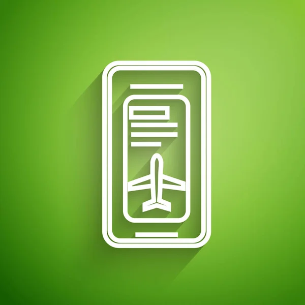 Белая линия Смартфон с электронным посадочным талоном авиабилет значок изолирован на зеленом фоне. Мобильный билет пассажирского самолета для веб и приложения. Векторная миграция — стоковый вектор