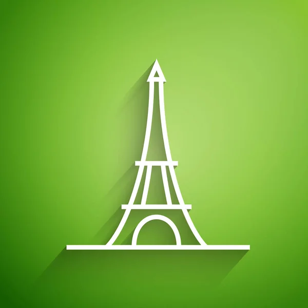 Ícone Torre Eiffel linha branca isolado no fundo verde. França Paris símbolo de referência. Ilustração vetorial — Vetor de Stock