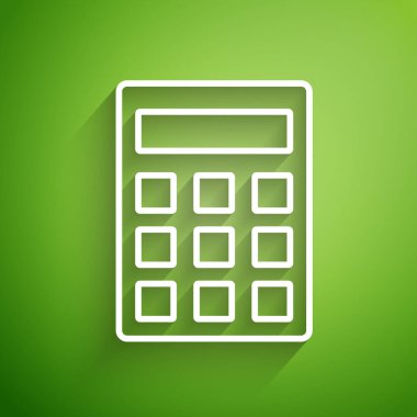 Beyaz çizgi hesap makinesi simgesi yeşil arkaplanda izole edildi. Muhasebe sembolü. İş hesaplamaları matematik eğitimi ve finans. Vektör İllüstrasyonu