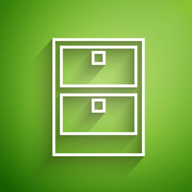 Beyaz çizgi Arşiv kağıt çekmece simgesi yeşil arka planda izole. İçinde belgeler olan çekmece. Dosya dolabı çekmecesi. Ofis mobilyası. Vektör İllüstrasyonu