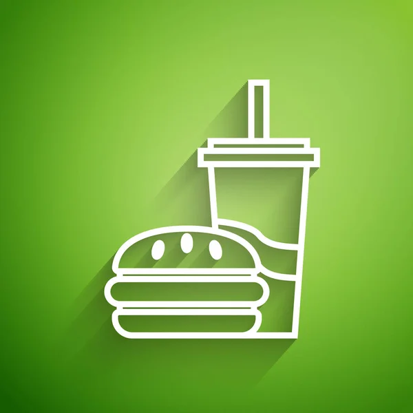 Línea blanca Vidrio de papel con paja para beber e icono de hamburguesa aislado sobre fondo verde. Signo de bebida de soda aqua. Hamburguesa, sándwich de hamburguesa con queso. Ilustración vectorial — Vector de stock