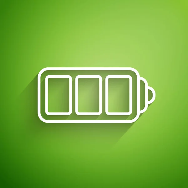 Witte lijn Batterij laadniveau indicator pictogram geïsoleerd op groene achtergrond. Vector Illustratie — Stockvector