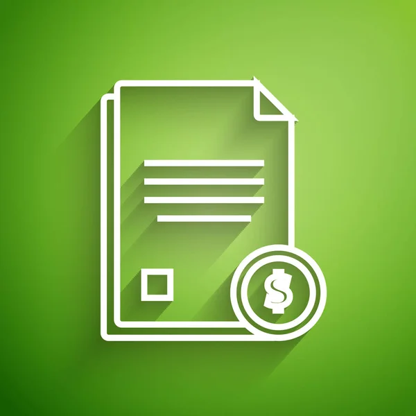White line Finance document icon isolated on green background. Paper bank document with dollar coin for invoice or bill concept. Vector Illustration — Stock Vector
