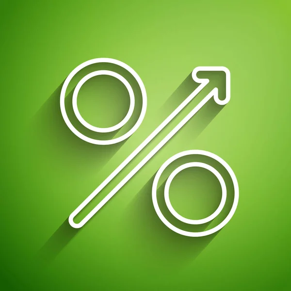Línea blanca Porcentaje hacia arriba icono de flecha aislado sobre fondo verde. Signo porcentual creciente. Ilustración vectorial — Vector de stock