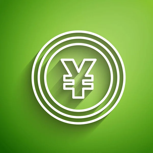 White line Coin money with Yen symbol icon isolated on green background. Banking currency sign. Cash symbol. Vector Illustration — ストックベクタ