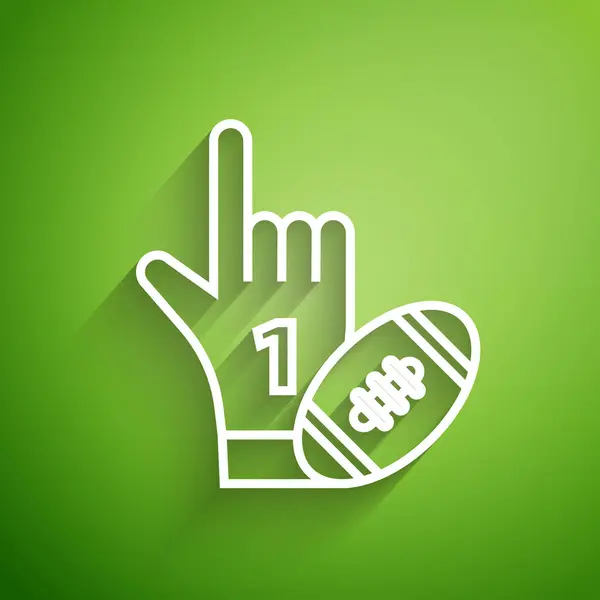Біла лінія номер один рукавичку вентилятора з піднятим пальцем і американський футбольний м'яч ізольовані на зеленому фоні. Набір спортивного обладнання. Векторна ілюстрація — стоковий вектор