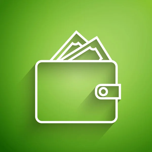 Línea blanca Monedero con pilas de papel moneda icono de dinero en efectivo aislado sobre fondo verde. Icono del bolso. Símbolo de ahorro. Ilustración vectorial — Vector de stock