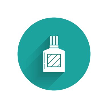 Uzun gölgeli beyaz tıraş losyonu ikonu. Parfüm spreyi ikonu. Erkek parfüm şişesi. Yeşil daire düğmesi. Vektör İllüstrasyonu