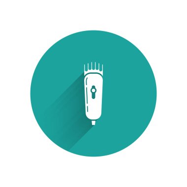 Uzun gölgeli beyaz elektrikli saç kesme makinesi ya da tıraş ikonu. Berber dükkanı sembolü. Yeşil daire düğmesi. Vektör İllüstrasyonu