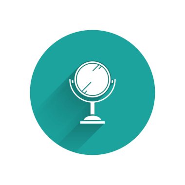 Beyaz El ayna ikonu uzun gölgeli izole edilmiş. Yeşil daire düğmesi. Vektör İllüstrasyonu