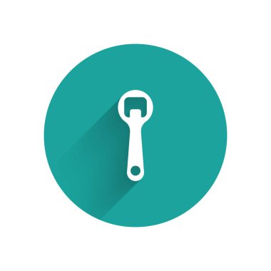 Beyaz şişe açacağı simgesi uzun gölgeli izole edilmiş. Yeşil daire düğmesi. Vektör İllüstrasyonu