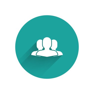 Beyaz Kullanıcılar grubu simgesi uzun gölgeli izole edildi. Bir grup insan ikonu. İş simgesi kullanıcı profili simgesi simgesi. Yeşil daire düğmesi. Vektör İllüstrasyonu