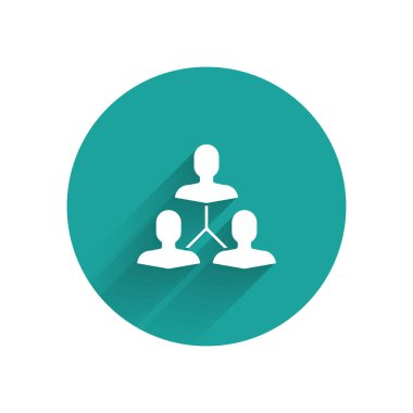 Beyaz Proje ekibinin üs simgesi uzun gölgeli izole edilmiş. İş analizi ve planlama, danışmanlık, takım çalışması, proje yönetimi. Yeşil daire düğmesi. Vektör İllüstrasyonu