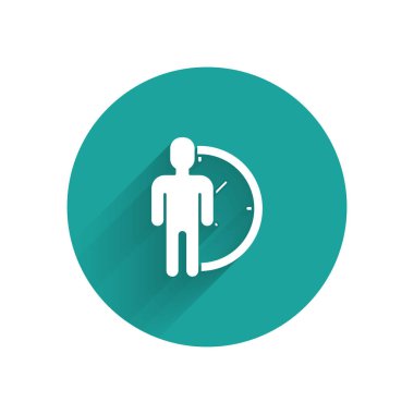 Beyaz zaman yönetimi simgesi uzun gölge ile yalıtılmış. Saat ve vites işareti. Verimlilik sembolü. Yeşil daire düğmesi. Vektör Illustration