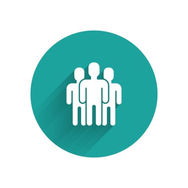 Beyaz Kullanıcılar grubu simgesi uzun gölgeli izole edildi. Bir grup insan ikonu. İş simgesi kullanıcı profili simgesi simgesi. Yeşil daire düğmesi. Vektör İllüstrasyonu