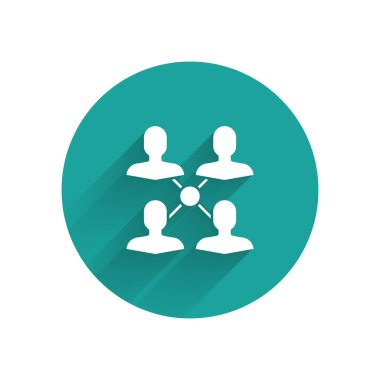 Beyaz Proje ekibinin üs simgesi uzun gölgeli izole edilmiş. İş analizi ve planlama, danışmanlık, takım çalışması, proje yönetimi. Yeşil daire düğmesi. Vektör İllüstrasyonu