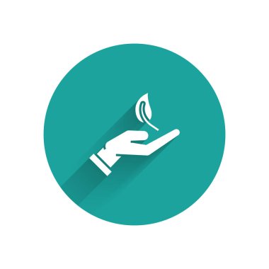 Uzun gölge ile izole çevre koruma simgesi elinde Beyaz Filiz. Tohum ve fide. Fidan dikimi. Ekoloji kavramı. Yeşil daire düğmesi. Vektör İllüstrasyonu